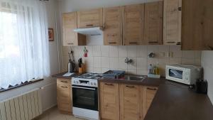 cocina con armarios de madera, fogones y microondas en Penzion Demi, en Stará Lesná