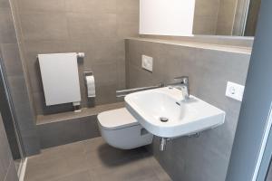 a bathroom with a white toilet and a sink at FirstSleep Landshut in Landshut