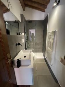 uma casa de banho com um lavatório branco e um chuveiro em Il Cipresso em Cecina
