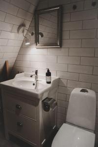 y baño con lavabo, aseo y espejo. en New and cosy apartment on a farm, en Kungsbacka