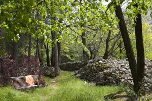 a park bench sitting in the grass near trees at Logis Hôtel-Restaurant Le Tanargue in Valgorge