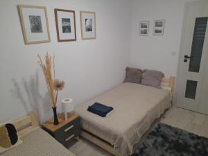 1 dormitorio con 2 camas y un jarrón sobre una mesa en Apartament Amelia en Zamość