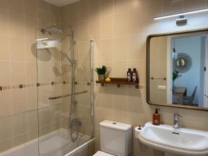 a bathroom with a shower and a toilet and a sink at Casa Margarita in Chiclana de la Frontera