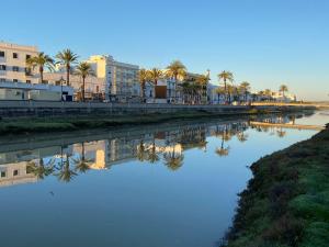 a body of water with palm trees and buildings at Casa Margarita in Chiclana de la Frontera