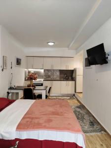 een slaapkamer met een groot bed en een keuken bij Perfect Apartment 71B in Thessaloniki