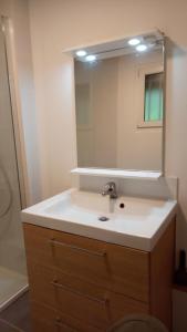 uma casa de banho com um lavatório e um espelho em GITE LE PETIT VAUCHEL A 3,5 KM D'ETRETAT em Pierrefiques