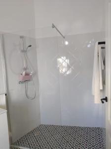 y baño con ducha y puerta de cristal. en Casa con piscina cerca de Sevilla, en Carrión de los Céspedes