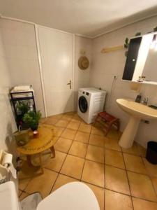 uma pequena casa de banho com um lavatório e um micro-ondas em Laki's House Οροφοδιαμέρισμα με σοφίτα em Thermo