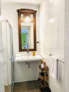 een badkamer met een wastafel, een douche en een spiegel bij De Fryske Wyn in Ferwerd