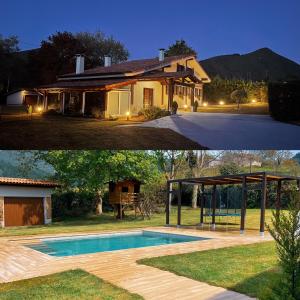 deux photos d'une maison et d'une piscine dans l'établissement Ozollo Bekoa - Casa con piscina en el corazón de Urdaibai., à Gautegiz Arteaga