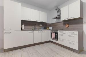 a white kitchen with white cabinets and an oven at Pri Neji in Postojna