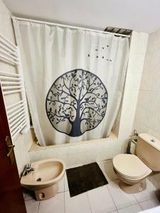 uma casa de banho com uma cortina de chuveiro e um WC. em El refugio de la ardilla, apartamento Canfranc-estacion em Canfranc