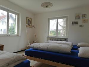 two beds in a room with two windows at Dimai House 1950s in Hohenems