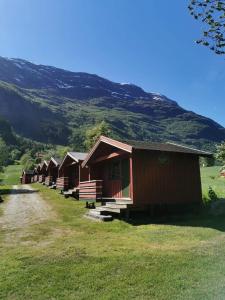 a row of huts in a field with a mountain at Løken Camping - trivelig og idyllisk ved vannet in Olden