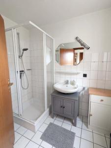a bathroom with a shower and a sink and a shower at Sybille Sonnenbrille in Wulfen auf Fehmarn