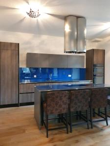 a kitchen with blue cabinets and blue counters at Panorama Bliss Finhaut in Finhaut
