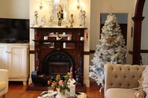 a living room with a christmas tree and a fireplace at Middleton House Maleny in Witta