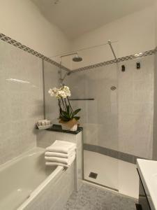 e bagno con doccia, vasca e asciugamani. di Il Molo Di Hotel Villa Aurora a Lezzeno Altre 33 foto