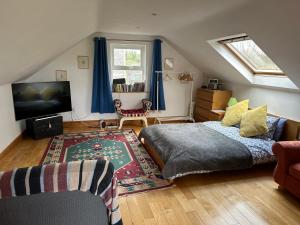 a living room with two beds and a tv at Royal Hillsborough Rural Retreat Siren Stays in Hillsborough