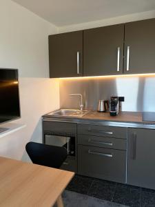 una cucina con lavandino e piano di lavoro di AvidonApartments a Dusseldorf