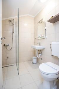 a bathroom with a shower and a toilet and a sink at Guesthouse Bebek in Sarajevo