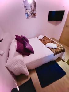 サリアにあるmelle: un descanso en el caminoのベッドルーム1室(紫色の枕が付いたベッド1台付)