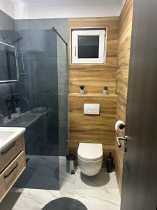 W łazience znajduje się toaleta, umywalka i prysznic. w obiekcie Apartment Marko with a beautiful view of the sea w mieście Kaštel Sućurac