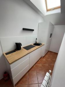 a small kitchen with a sink and a counter at Pokoje Gościnne Łabędź in Jastarnia