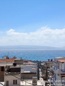 uma vista para o oceano a partir dos telhados dos edifícios em Happy Days em Agia Galini