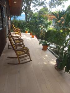 uma fila de cadeiras sentadas num alpendre com plantas em Hotel la cabaña em Nocaima