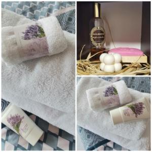 a collage of pictures with a bottle of wine and towels at Jelly Apartment in Visoko