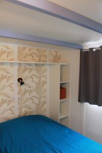 a bedroom with a bed and a book shelf at Les bungalows du chateau d'Ô in Petite Île