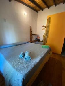 1 dormitorio con 1 cama con 2 almohadas azules en Huecubu suites en San Miguel del Monte