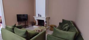 sala de estar con 2 sofás verdes y chimenea en L'Oustal de Papet, en Ferrals-lès-Corbières
