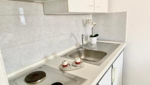 een aanrecht met een wastafel in de keuken bij Armonia Elegant Apartments in Rovies +32 foto's