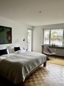 um quarto com uma cama grande e uma janela em Gemütliche Wohnung Nähe Uni em Basileia