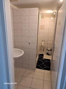 a small bathroom with a sink and a shower at pension sonne in Ulm