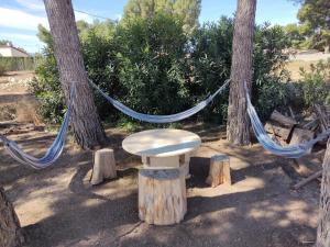 een hangmat en een bank tussen twee bomen bij Alojamiento entero: chalet. in Alicante