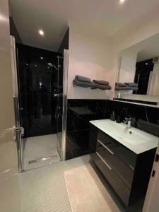 a bathroom with a shower and a sink and a mirror at Ferienwohnung am Burgberg in Bad Harzburg in Bad Harzburg