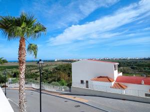 eine Palme neben einem weißen Gebäude und einer Straße in der Unterkunft Residencial Xeresa del Monte Solo Familias Serviplaya in Jeresa