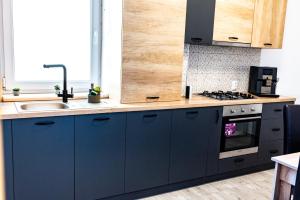 a kitchen with navy blue cabinets and a sink at Thome Ego Flat in Cluj-Napoca