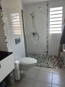 a white bathroom with a shower and a toilet at Appart Marina étang Z'abricots in Fort-de-France