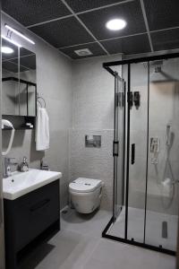 a bathroom with a shower and a sink and a toilet at SAR-PER Hotel in Edirne