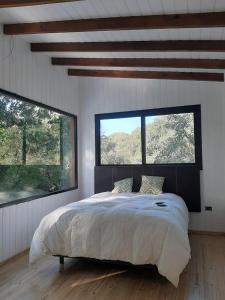 Cabaña Los Lirios في تيغري: غرفة نوم بسرير كبير ونوافذ