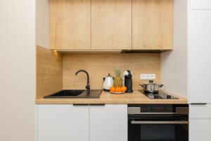 a kitchen with a sink and a counter top at Pet-Friendly Studio Kokoryczki by Renters in Warsaw