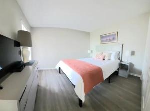 a bedroom with a large bed and a television at The Narrow Nest in Carolina Beach