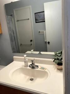 a bathroom with a sink and a mirror at Driftwood Cottage in Carolina Beach