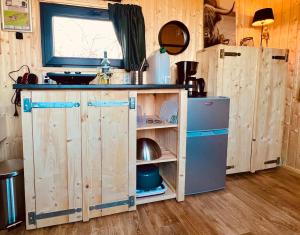 cocina con armarios de madera, fregadero y nevera en Tinyhouse Spiegelpeer en Ruinerwold