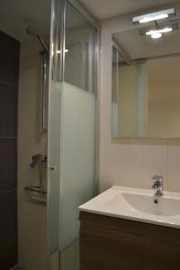 ein Bad mit einem Waschbecken und einer Dusche mit einem Spiegel in der Unterkunft TP BICA 20, Lisbon Apartment in Lissabon