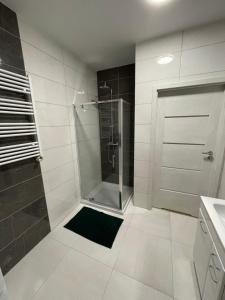 a shower with a glass door in a bathroom at Apartament Letnia 28 in Kłodzko